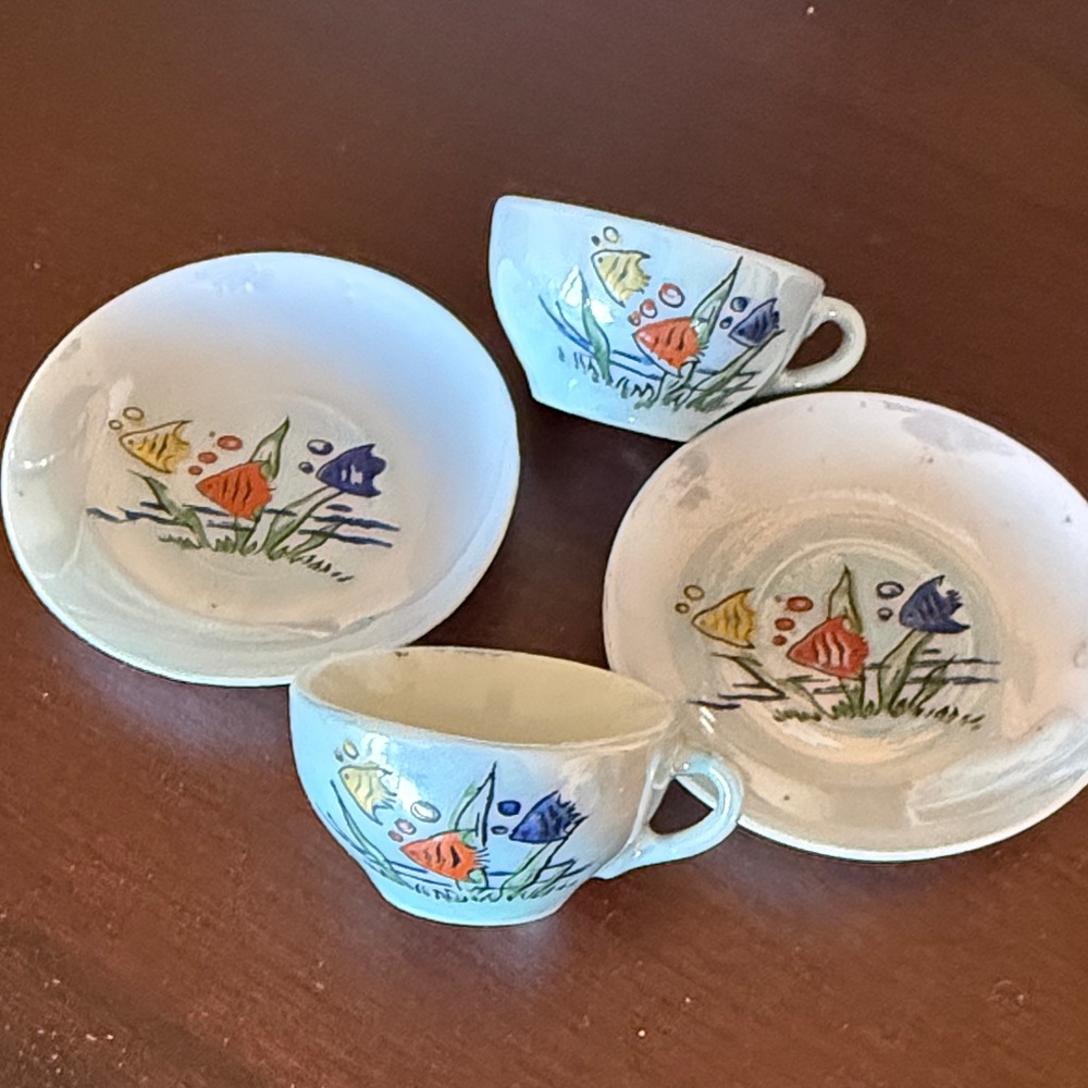 Child’s Vintage Lusterware Fish Design Teacup and Saucer Set, Made in Japan